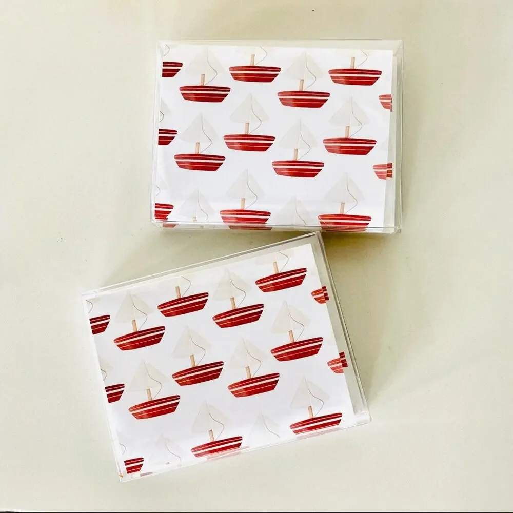 2 NEW ANTHROPOLOGIE White Red Illustrated Sailboats Nautical Card Notecards s/10
